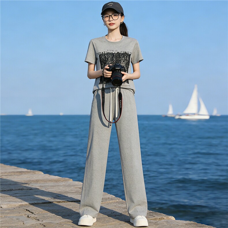 复古简约休闲时尚套装女夏季新款蕾丝撞色拼接短袖上衣长裤两件套，女装套装/套裙，江南