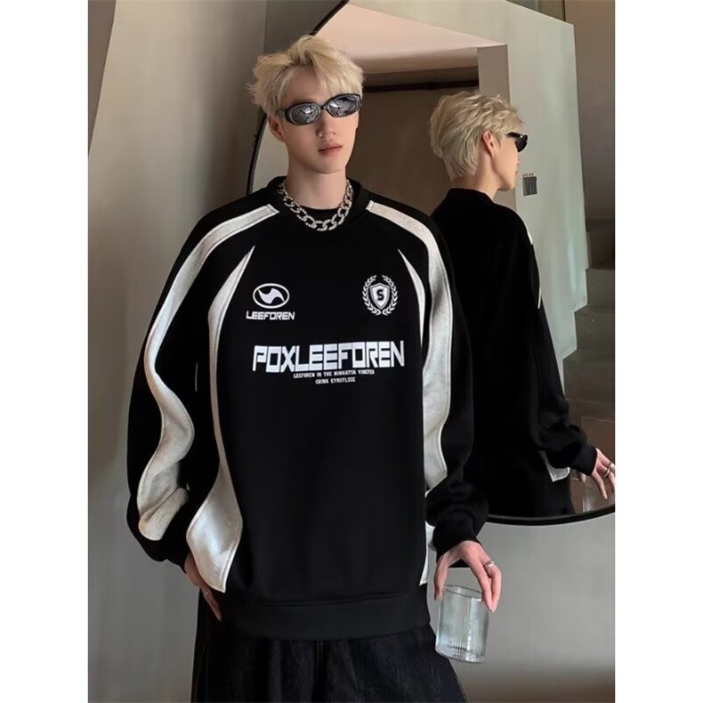YW27-P36美式复古拼色卫衣男秋冬季圆领机车风休闲运动外套,男装T恤,电商B323A