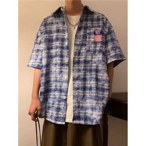 格子短袖衬衫男士夏季日系宽松半袖衬衣感痞帅上衣外套 TT002-P40图片