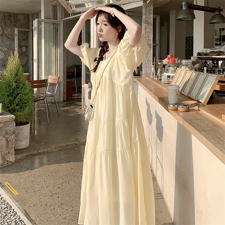 法式淡黄色温柔风连衣裙女夏2025新款复古宽松田园风气质甜美长裙，女装连衣裙，浙宝276（原081）