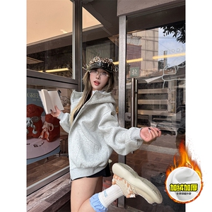 480G重磅加绒硬挺boxy 男女秋冬美式高街防风高领卫衣开衫厚外套图片