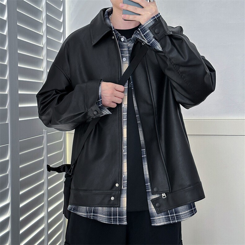 现货-秋季时尚皮衣外套男机车服男士宽松潮流皮夹克休闲A028P95,男装夹克,电商A351