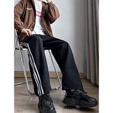 B221美式ins高街小众宽松三条杠运动牛仔裤LK23130-P60控78，男装牛仔裤，电商B221