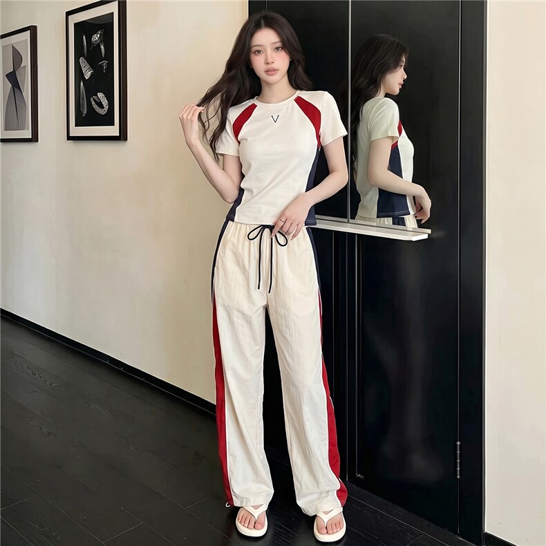 韩版时尚休闲套装女夏季新款高级感圆领撞色拼接上衣阔腿裤两件套,女装套装/套裙,江南