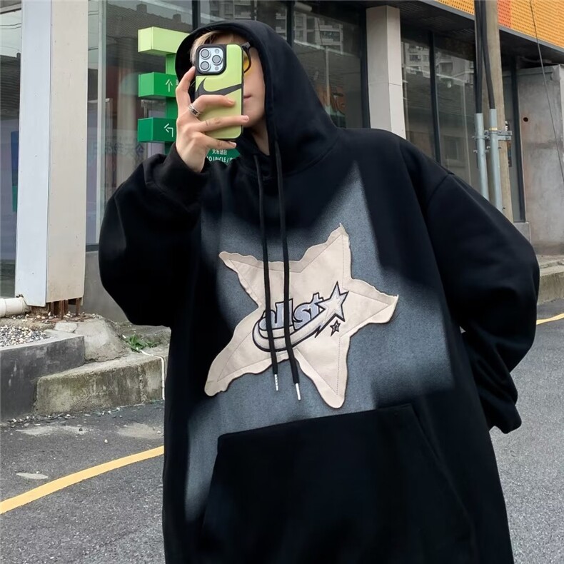 星星刺绣贴布连帽卫衣男女秋冬季潮牌宽松美式高街外套W8532-P55,男装卫衣,星座1008