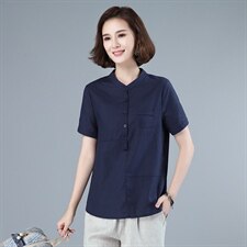 2021短袖立领衬衫T恤夏装新款韩版宽松套头棉麻小衫纯色上衣，女装衬衫，伊满意