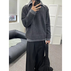 重磅北极绒假两件衬衫领毛衣美式高街复古休闲慵懒纯色翻领针织衫，男装针织衫/毛衣，电商A486