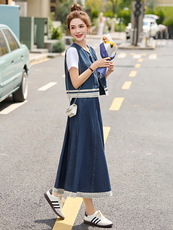 时尚蕾丝拼接牛仔马甲套装女2025年夏季新款洋气减龄半裙三件套，女装套装/套裙，贵人树