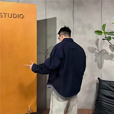 JK734-尺码M-3XL-特P63-高街宽松假两件设计条纹衬衫外套（网图），男装衬衫，星座1811B