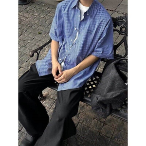 美式蓝色格子短袖衬衫男士夏季衬衣cleanfit休闲上衣LC2177-p40图片