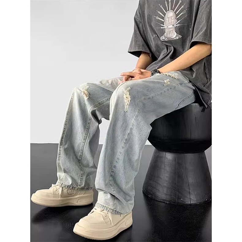美式高街破洞牛仔裤男直筒宽松裤子痞帅水洗休闲长裤潮DA786-P42,男装牛仔裤,星座208-5