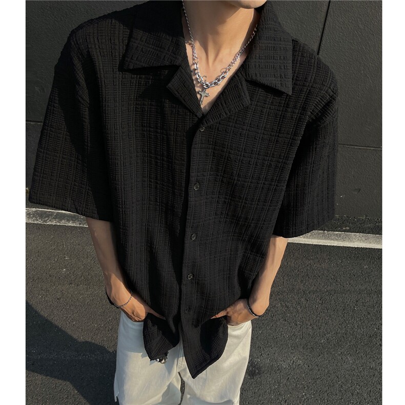 主推复古肌理感古巴领衬衫短袖衬衣冰丝上衣男H1070特P40,男装衬衫,电商A341