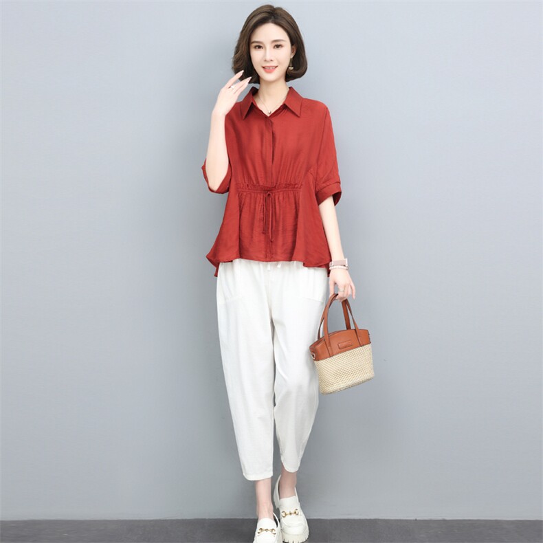 新款2025年夏天丝冰丝两件套女T恤衬衫中年妈妈半袖透气上衣套装,女装套装/套裙,璐依舞