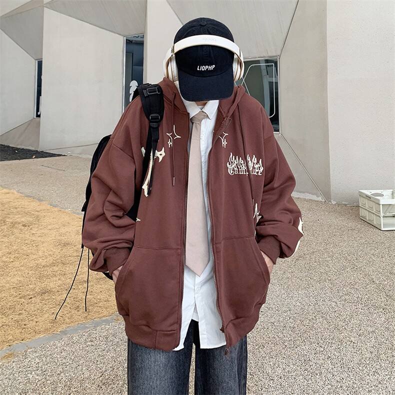 开衫连帽卫衣男春秋美式高街潮牌毛巾绣运动外套情侣款WY095-P32,男装卫衣,星座308B-2