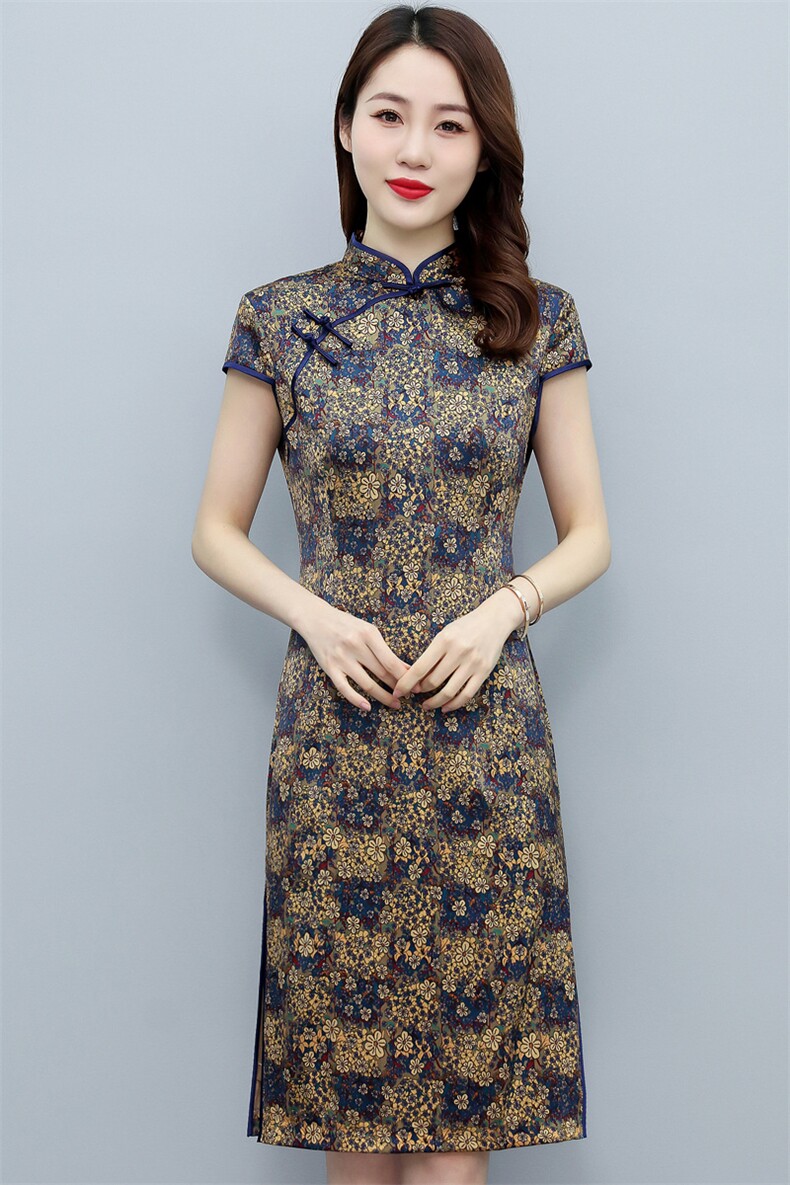杭州丝绸弹力缎重磅真丝双层旗袍中长款气质显瘦婚礼服连衣裙,女装连衣裙,媚琳依坊