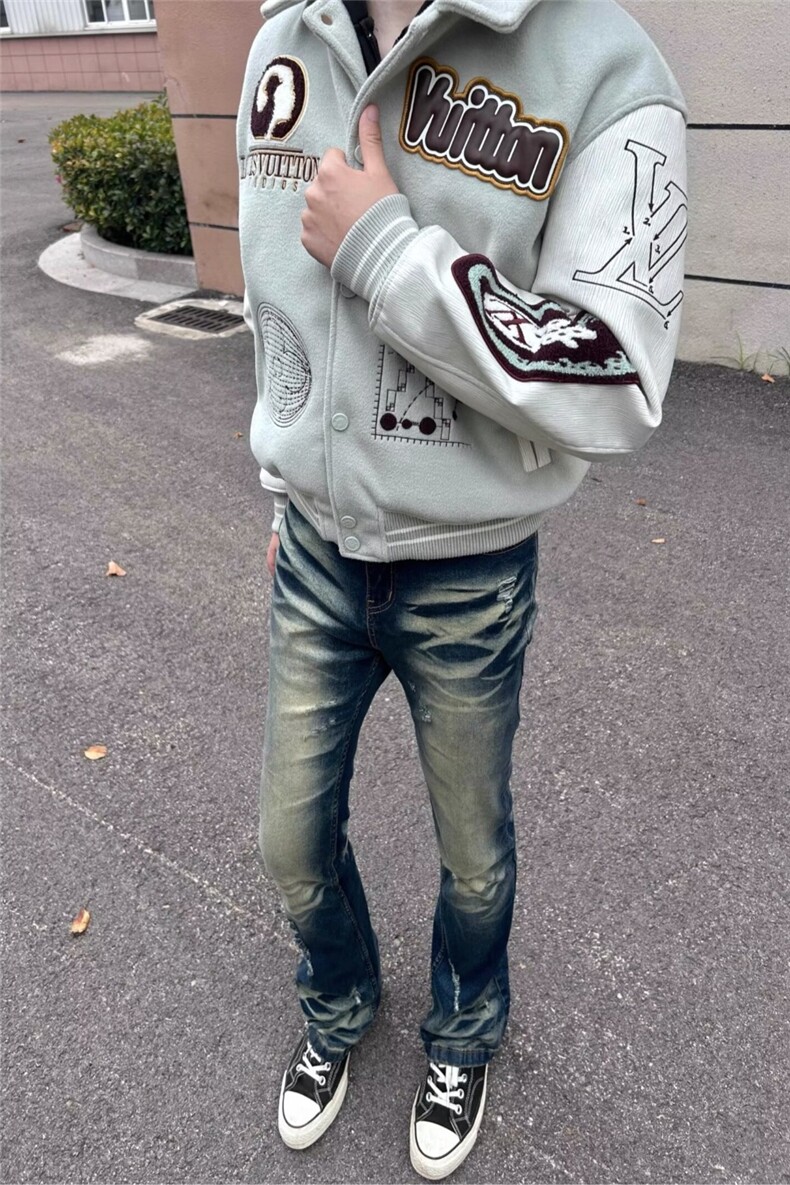 秋冬新款潮牌修身深蓝色牛仔裤男机车复古个性时尚青年小脚长裤子图片