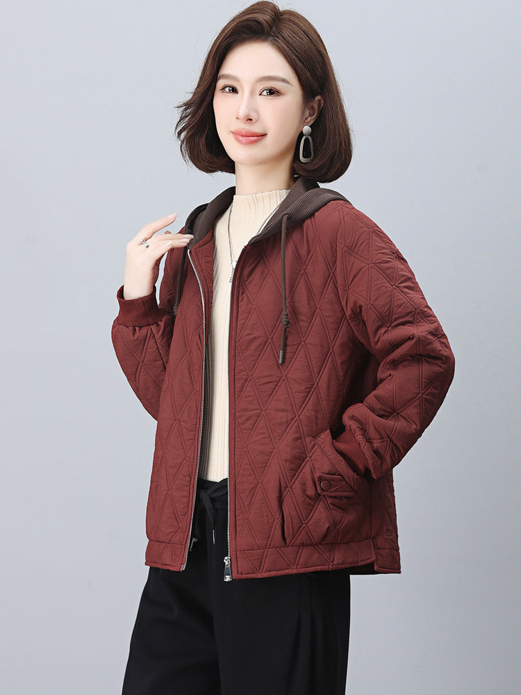 长期现货时尚休闲早春秋夹棉外套女短妈妈装2026新款棒球服连帽,女装短外套,璐依舞