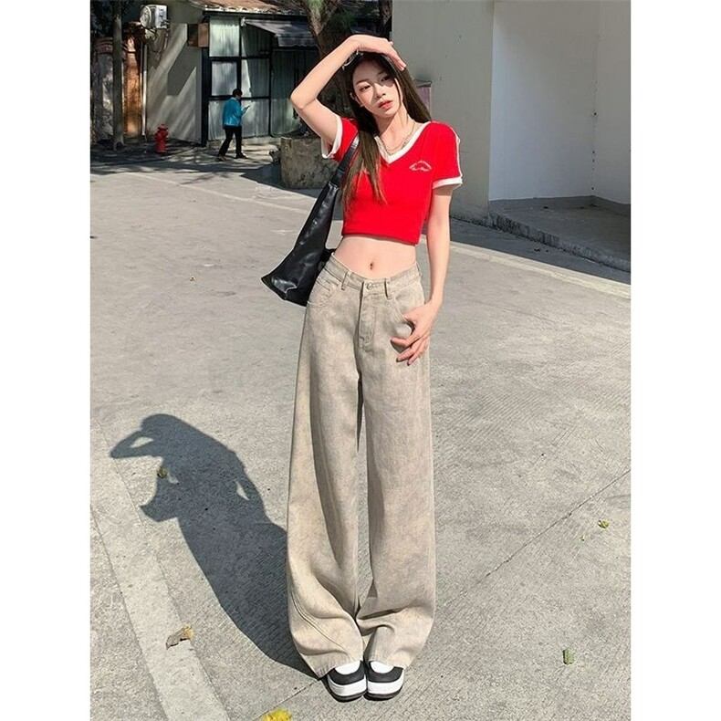 高街做旧脏脏牛仔裤女2025年新款夏季小众高腰扎染宽松显瘦阔腿裤图片