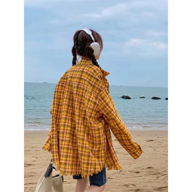 TC795-P45 美式格纹衬衣 设计感早秋2024慵懒风宽松上衣图片