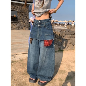 假两件设计感格子拼接牛仔裤女2025新款美式复古宽松阔腿弯刀裤子图片