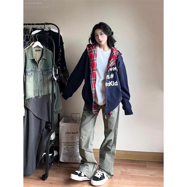 【有货】假两件卫衣男女高级感痞帅拼接格子衬衫外套K04HH-特P55图片