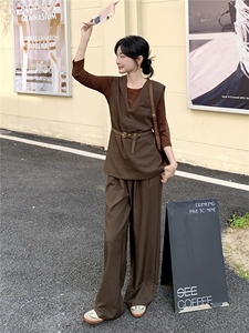 高级轻熟风穿搭咖色马甲套装女2025春秋超火好看阔腿裤气质三件套图片