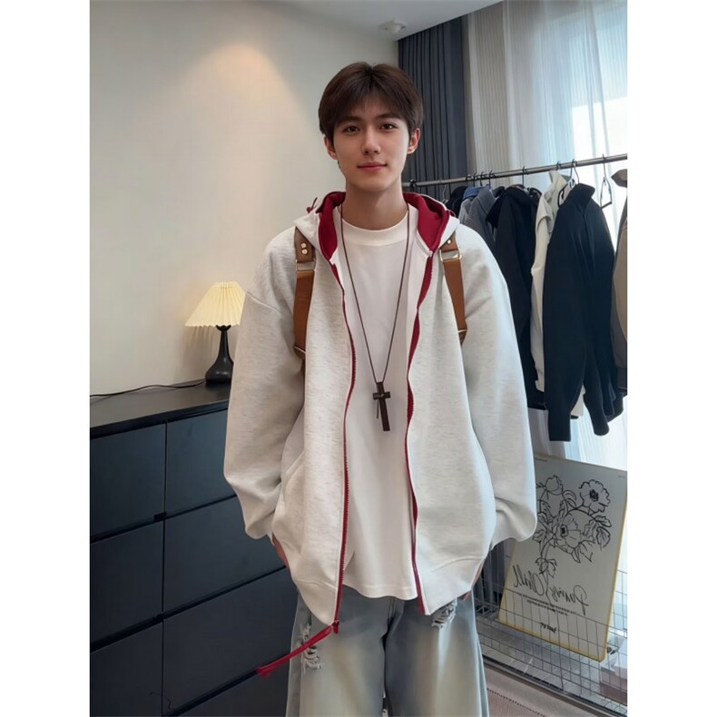 藏青色连帽开衫卫衣男秋季美式撞色设计感休闲运动上衣服情侣外套,男装夹克,星座516A