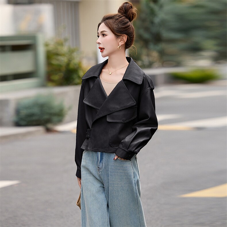 韩城.时髦大翻领侧扣蛋白皮短外套蝙蝠肩章皮衣2025春女亮色洋气s,女装皮衣,魅丽静蓝