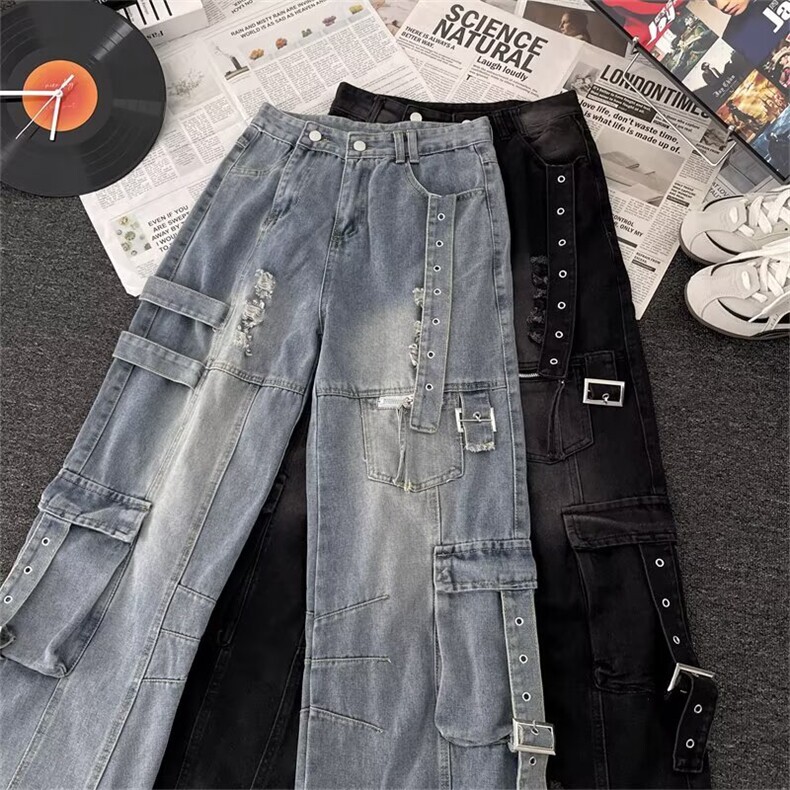复古工装阔腿牛仔裤秋冬款高街设计感宽松高腰直筒裤子1174P75,男装牛仔裤,星座410-2