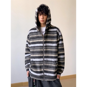 美式覆古毛呢条纹开衫连帽卫衣外套男慵懒风情侣休闲帽衫WY06,假卫衣帽搭配衣服图片
