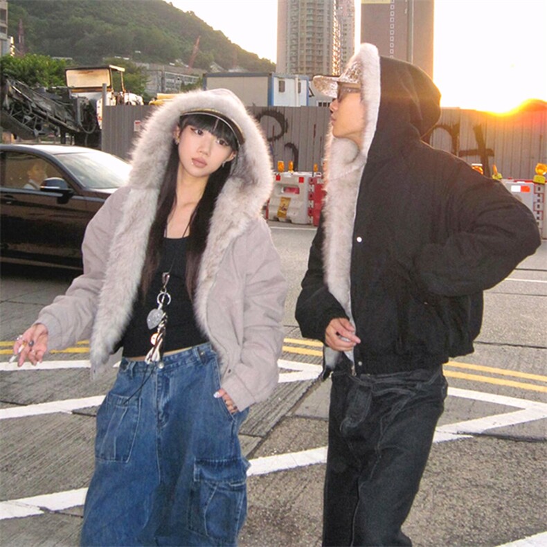 现货高品质美式高街冬季重磅硬挺短款座山雕毛领棉衣男女加厚外套图片