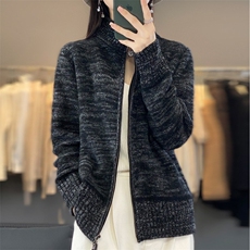 25秋冬100%纯羊毛双拉链开衫女半高领宽松慵懒羊绒衫针织毛衣外套，女装羊毛衫，佑昭祥羊绒