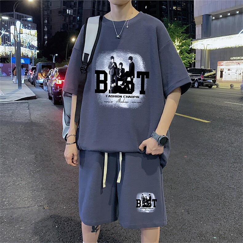 ！2024夏季新款男士百搭华夫格套装潮流学生一套HTZ31P50,男装T恤,电商B220