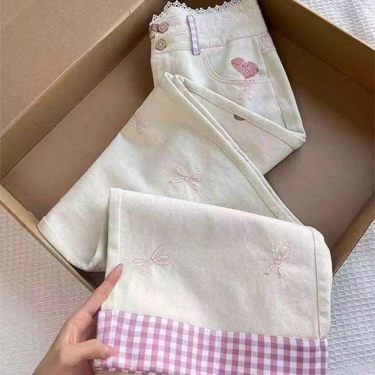 AK2300-P60韩系chic小熊牛仔裤双腰头设计高腰百搭阔腿裤,女装休闲裤,星座617A-2