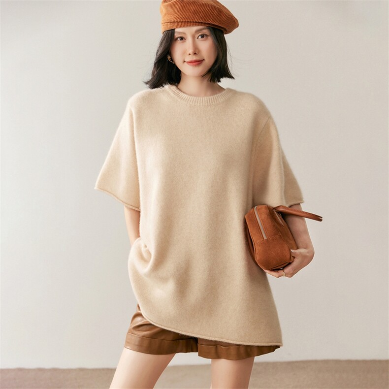 2025年秋季圆领半袖针织衫时尚百搭简约风，女装针织衫/毛衣，鸥蕊娅羊绒