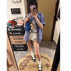 【现货】DB419-P37美式复古蓝色格子廓形短袖衬衫男夏季松弛感，男装T恤，星座603-2