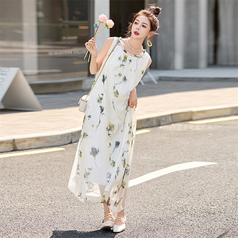 PINKWIN2025夏季新款真丝无袖花卉连衣裙女高级感桑蚕丝度假长裙,女装连衣裙,诺蝶
