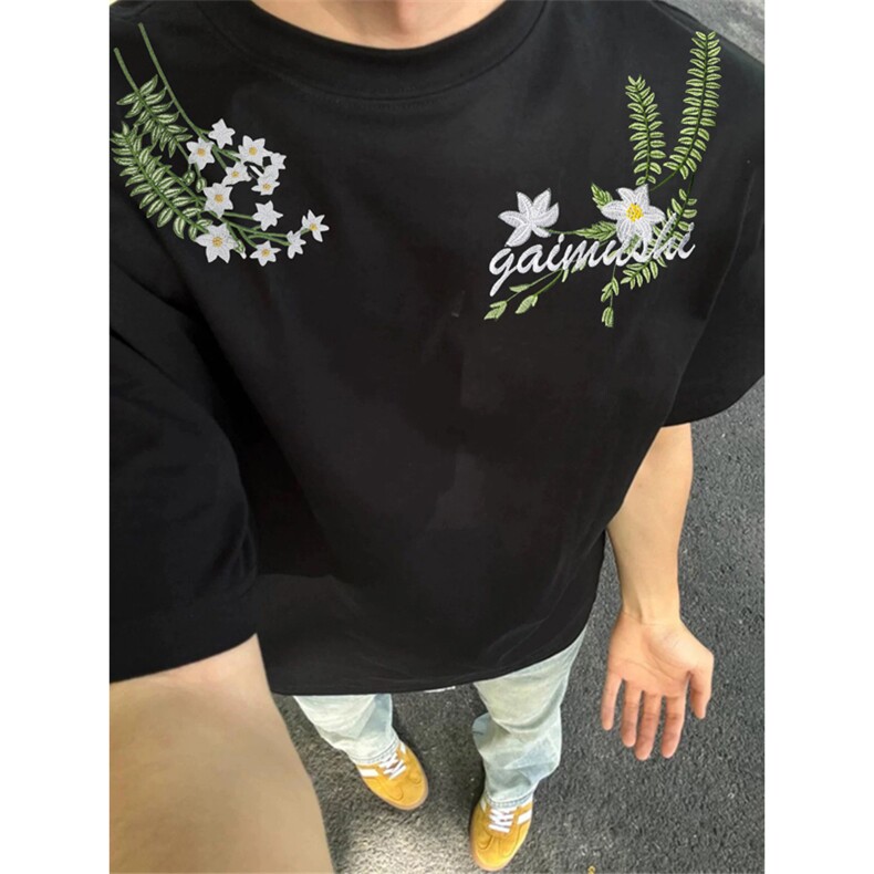 网图有货美式花卉刺绣短袖T恤男女潮牌设计复古夏季体恤A414-P35,男装T恤,星座1505