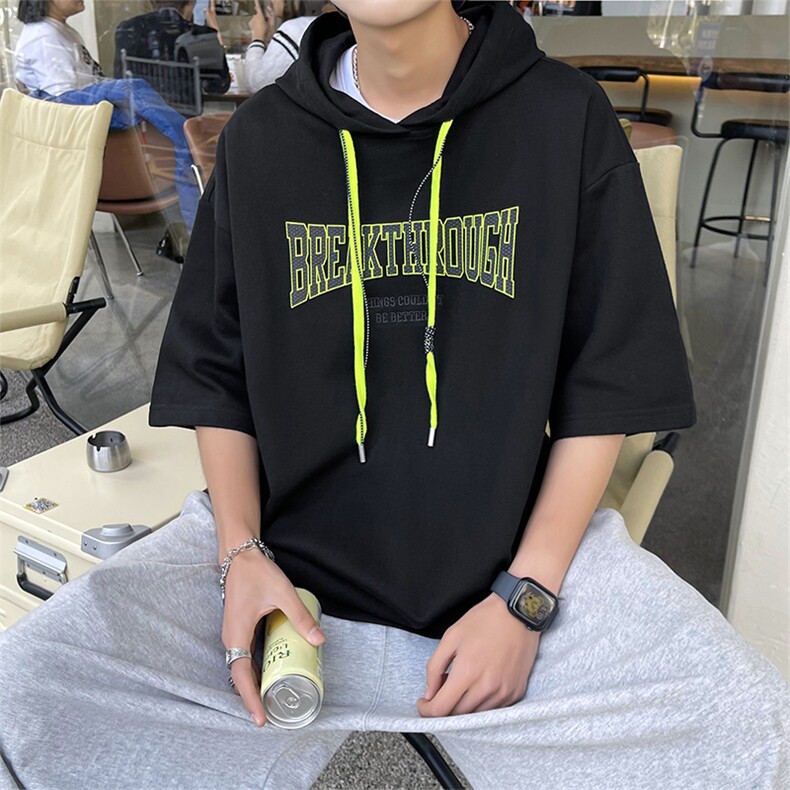 新款优品男士短袖连帽抽绳发泡印花T恤宽松上衣ZDL3207-P53图片
