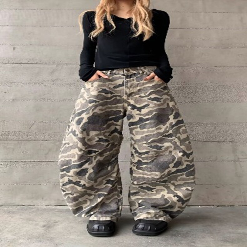 美式复古迷彩弯刀牛仔裤男女款2025春季新款修身显瘦阔腿拖地裤,女装休闲裤,星座218-8