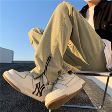 黄泥色破洞牛仔裤男款潮牌复古美式高街vibe拉链开叉微喇直筒裤子，男装牛仔裤，电商D325