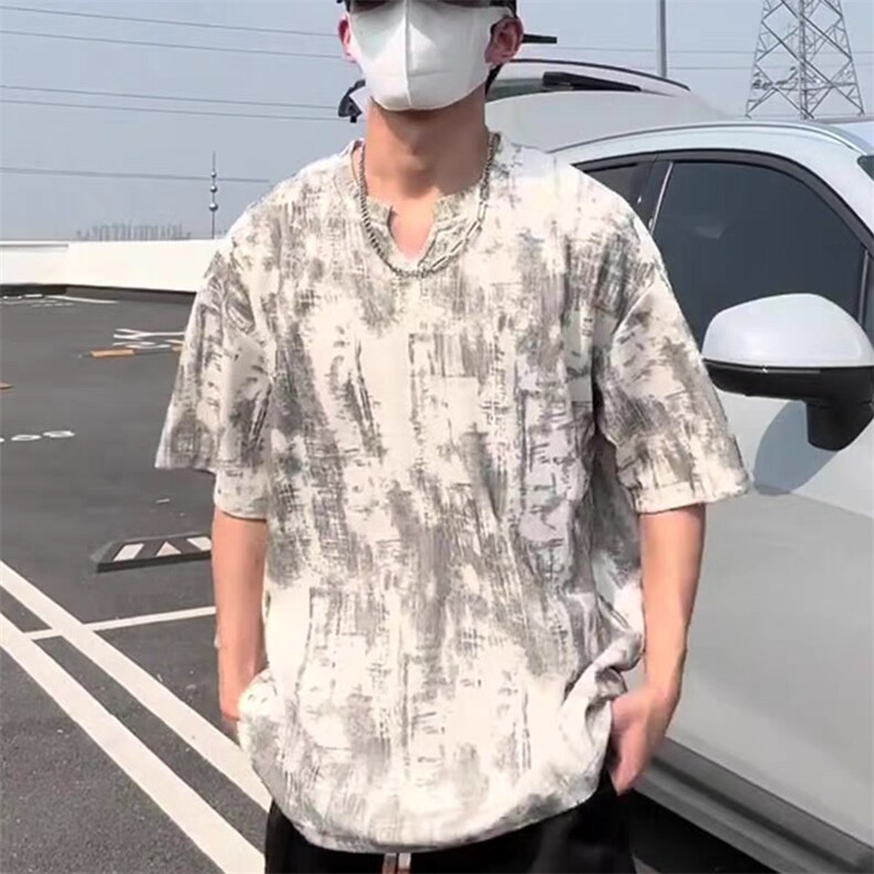2025新款夏季美式不规则扎染v领上衣潮牌轻奢时尚百搭短袖t恤男士,男装T恤,四季星座505