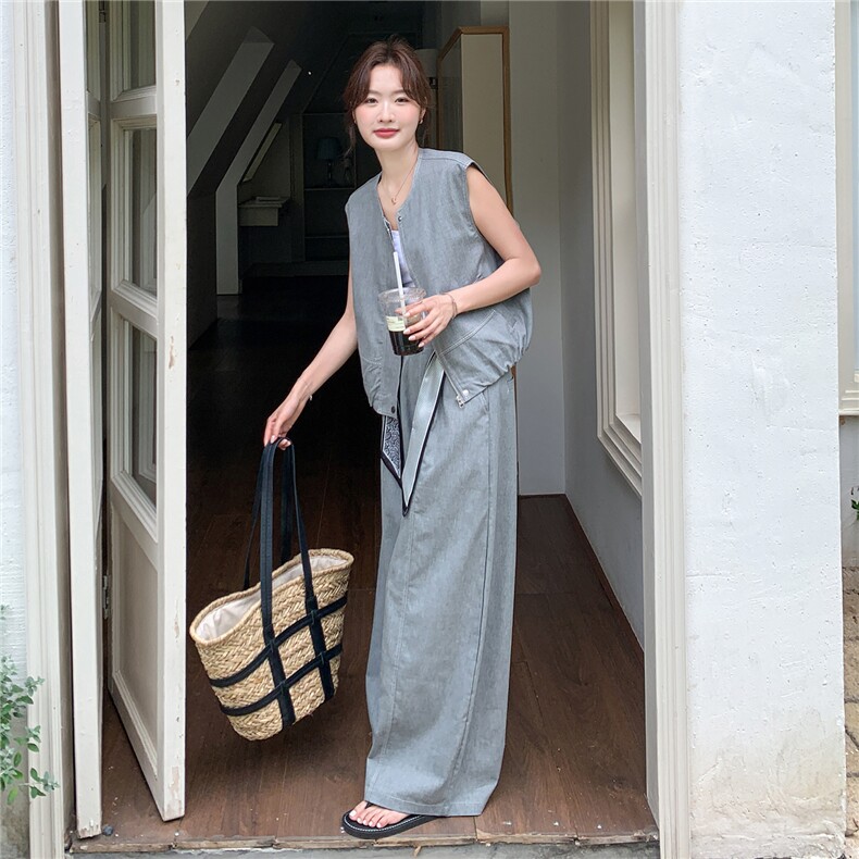 现货主推！2026春夏韩版马甲外套+丝带阔腿裤休闲套装P195-K290，女装套装/套裙，网红馆