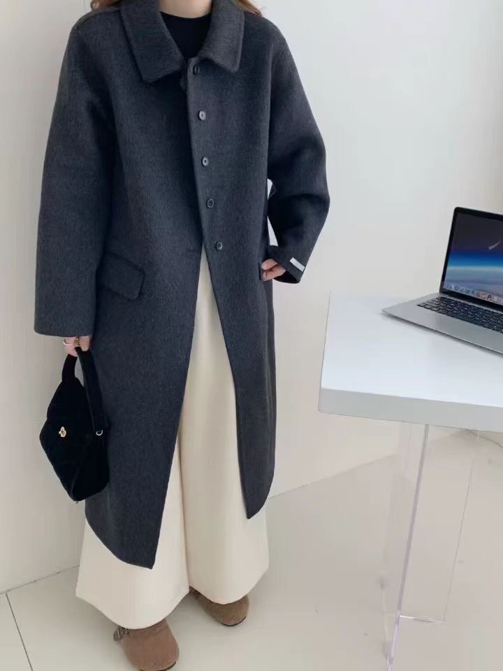设计感娃娃领双面羊毛大衣女中长款2025秋冬新款单排扣,女装双面呢大衣,依嘟服饰