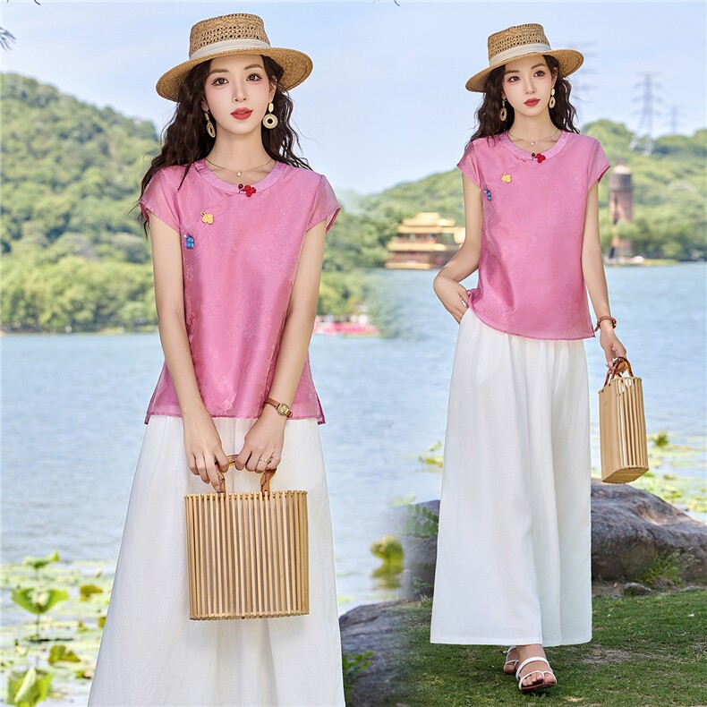 现货2026年夏季新中式上衣麻料阔腿裤子，可分开卖,女装套装/套裙,伊仟回