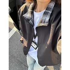 XDFM美式格子装饰基础款开衫拉链卫衣外套加绒秋冬复古连帽上衣，女装短外套，四季星座505