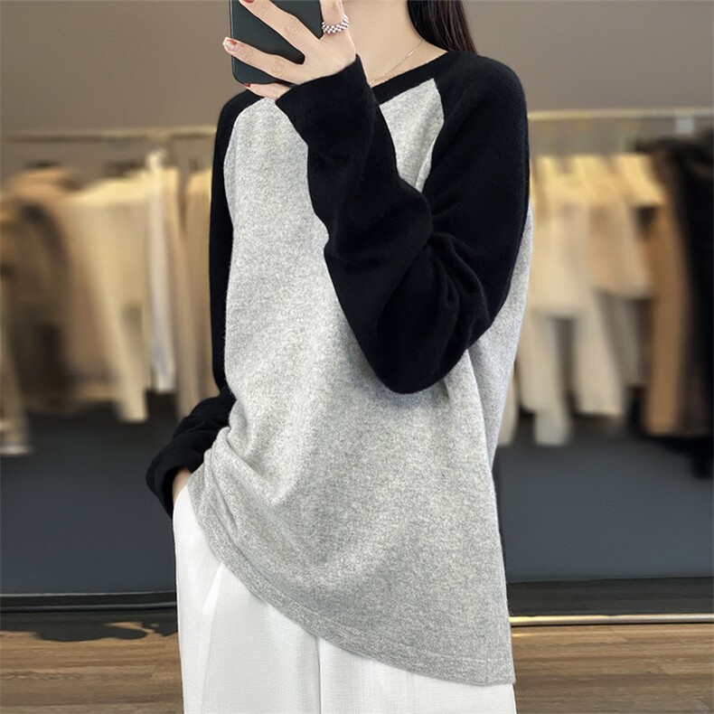 圆领美丽诺100羊毛衫女秋冬新款拼色毛衣洋气针织打底衫女，女装羊毛衫，盛鼎羊绒