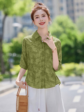 时尚大码女2025夏季高级感妈妈装天丝衬衫超好看宽松遮肉印花上衣，女装衬衫，余墨