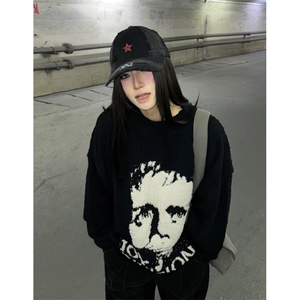 软糯仿貂毛人像提花肌理拉毛情侣圆领毛衣男宽松亲肤上衣 M5241图片