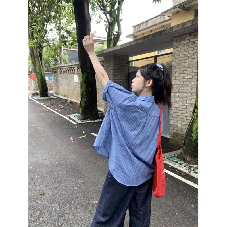 刺绣短袖蓝色格子衬衫女夏季2025韩系学院风薄款衬衣宽松开衫外套,男装T恤,星座506A